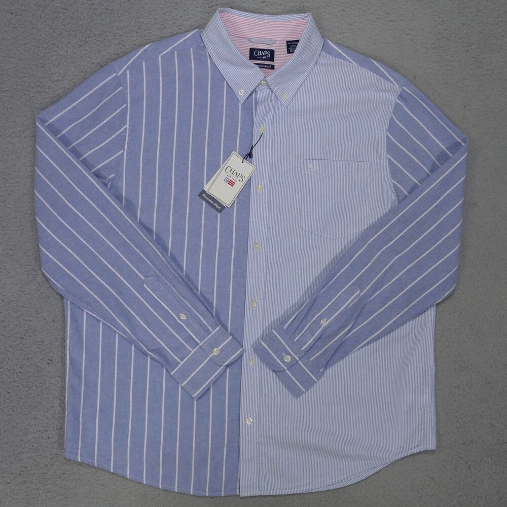 Chaps Seacoast Wash Oxford Shirt Mens 2XL Blue Striped Long Sleeve